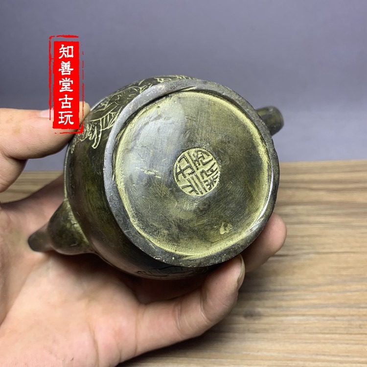 古玩銅器收藏裝飾道具 黃銅工藝品 仿古做舊 童子圖 茶壺裝飾收藏-細節圖8