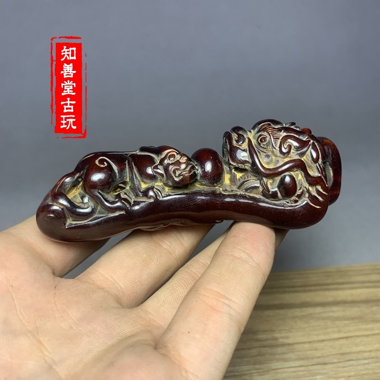 牛角招財貔貅如意小擺件?牛角雕刻小掛件牛角手把件文玩角雕-細節圖2
