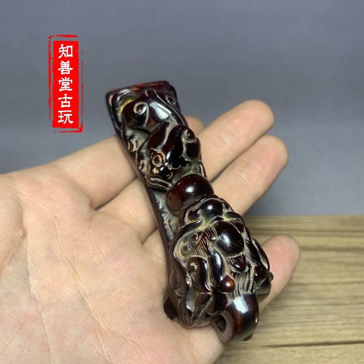 牛角招財貔貅如意小擺件?牛角雕刻小掛件牛角手把件文玩角雕-細節圖3