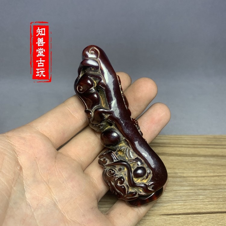 牛角招財貔貅如意小擺件?牛角雕刻小掛件牛角手把件文玩角雕-細節圖9