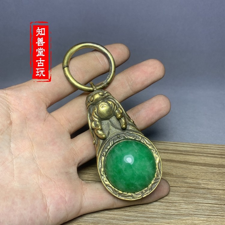 仿古古玩雜項收藏復古民國黃銅龍頭鑲嵌翡翠珠皮帶扣鑰匙扣皮帶扣-細節圖6