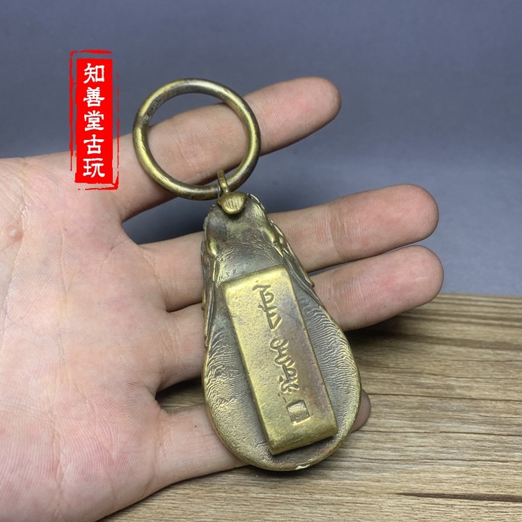 仿古古玩雜項收藏復古民國黃銅龍頭鑲嵌翡翠珠皮帶扣鑰匙扣皮帶扣-細節圖7