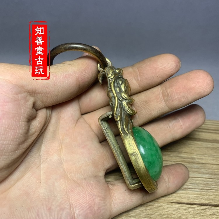 仿古古玩雜項收藏復古民國黃銅龍頭鑲嵌翡翠珠皮帶扣鑰匙扣皮帶扣-細節圖8