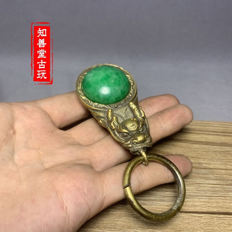 仿古古玩雜項收藏復古民國黃銅龍頭鑲嵌翡翠珠皮帶扣鑰匙扣皮帶扣-細節圖9
