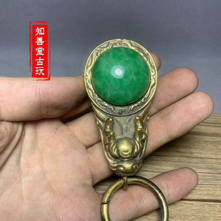 仿古古玩雜項收藏復古民國黃銅龍頭鑲嵌翡翠珠皮帶扣鑰匙扣皮帶扣-細節圖10