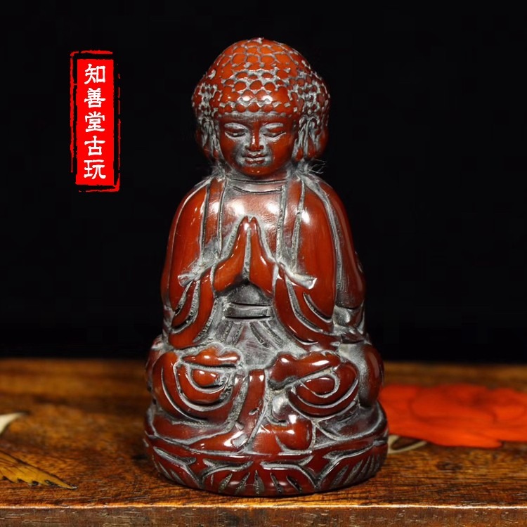 古玩收藏包漿?牛角雕刻三面佛祖觀音把件古玩雜項仿古老牛角擺件-細節圖3