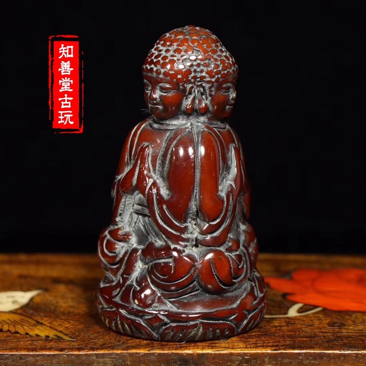 古玩收藏包漿?牛角雕刻三面佛祖觀音把件古玩雜項仿古老牛角擺件-細節圖4