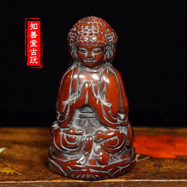 古玩收藏包漿?牛角雕刻三面佛祖觀音把件古玩雜項仿古老牛角擺件-細節圖6