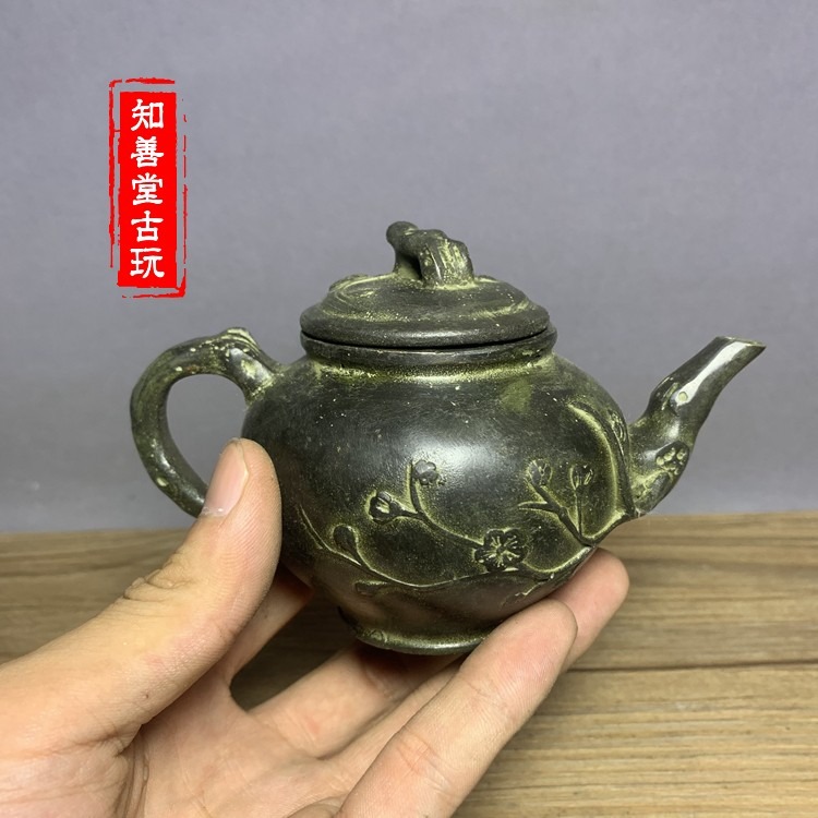 古玩雜項全銅梅花圖案純銅茶壺小酒壺擺件仿古做舊銅擺件民間藏品-細節圖2