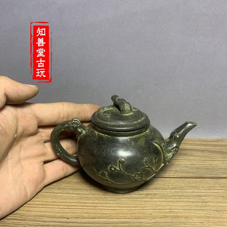 古玩雜項全銅梅花圖案純銅茶壺小酒壺擺件仿古做舊銅擺件民間藏品-細節圖7