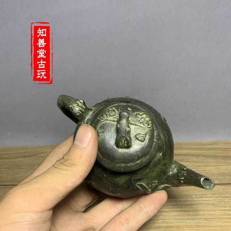古玩雜項全銅梅花圖案純銅茶壺小酒壺擺件仿古做舊銅擺件民間藏品-細節圖8