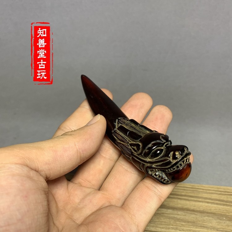 牛角雕刻龍魚造型手把件?牛角骨雕文玩收藏鑰匙扣掛件-細節圖3