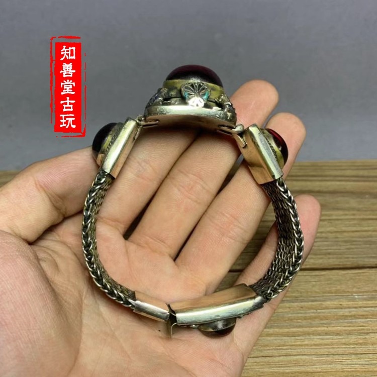 復古銀掐絲景泰藍鑲嵌紅寶石寬鐲古董開口手環古典珠寶銀手飾-細節圖2