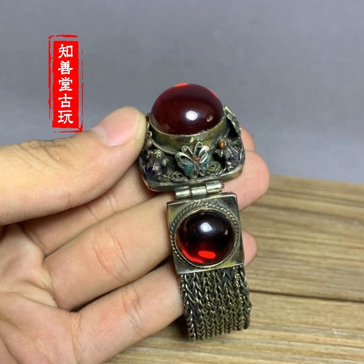 復古銀掐絲景泰藍鑲嵌紅寶石寬鐲古董開口手環古典珠寶銀手飾-細節圖4