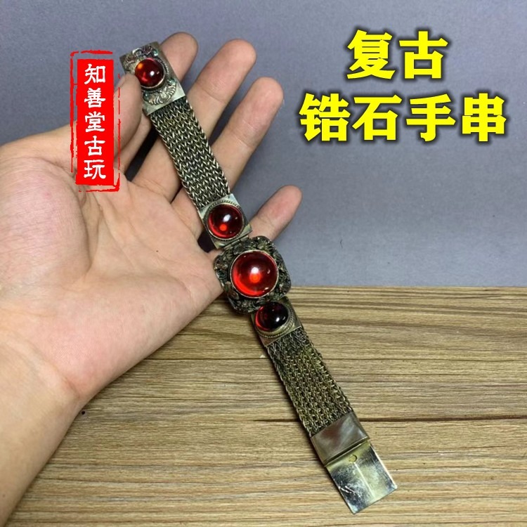 復古銀掐絲景泰藍鑲嵌紅寶石寬鐲古董開口手環古典珠寶銀手飾-細節圖7