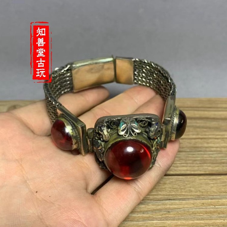 復古銀掐絲景泰藍鑲嵌紅寶石寬鐲古董開口手環古典珠寶銀手飾-細節圖8