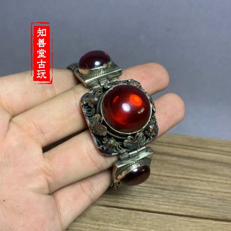 復古銀掐絲景泰藍鑲嵌紅寶石寬鐲古董開口手環古典珠寶銀手飾-細節圖10
