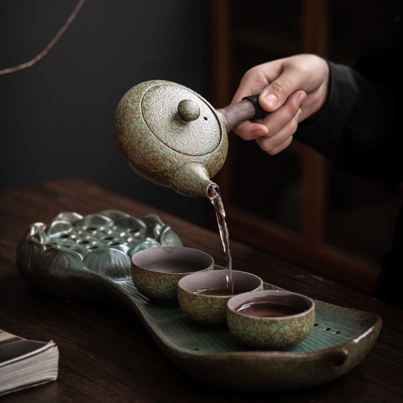 粗陶功夫茶具組合套裝窯變綠陶瓷側把壺一壺三杯家用輕奢便攜茶盤-細節圖3