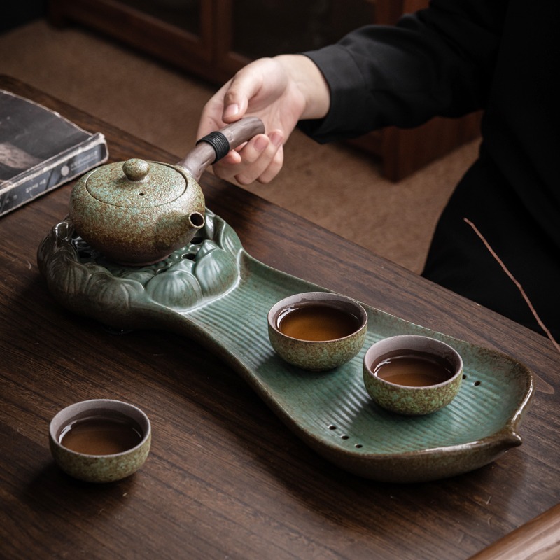 粗陶功夫茶具組合套裝窯變綠陶瓷側把壺一壺三杯家用輕奢便攜茶盤-細節圖5