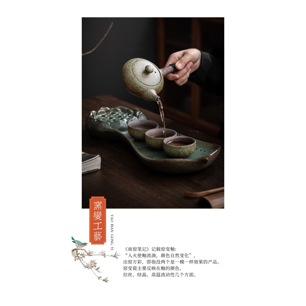 粗陶功夫茶具組合套裝窯變綠陶瓷側把壺一壺三杯家用輕奢便攜茶盤-細節圖7