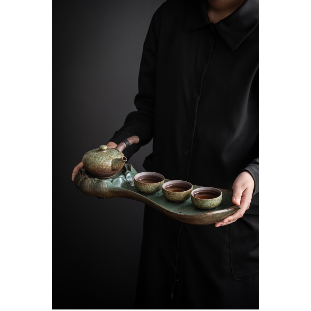 粗陶功夫茶具組合套裝窯變綠陶瓷側把壺一壺三杯家用輕奢便攜茶盤-細節圖8