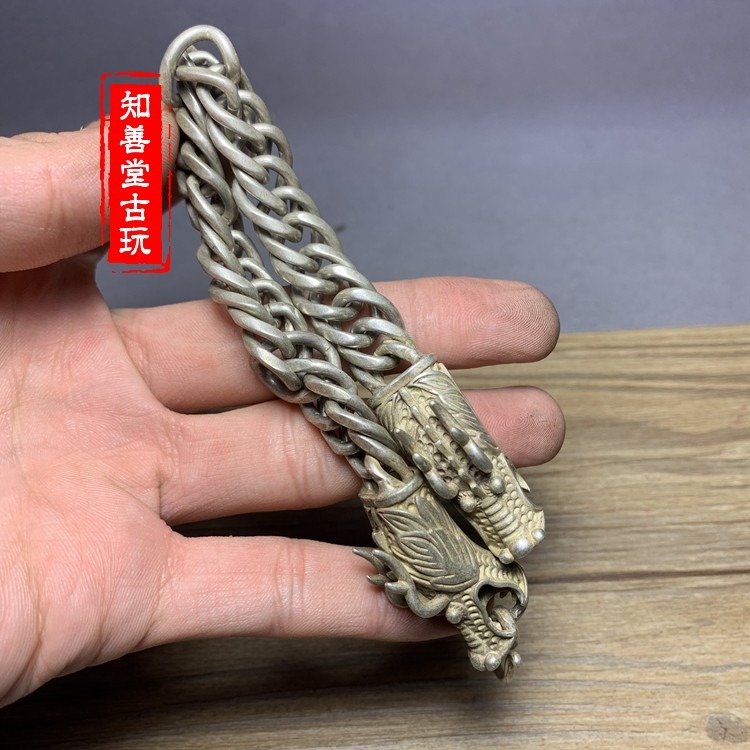 仿古古玩銅器復古收藏男士龍頭裝飾品精美 銅鍍銀龍頭手鏈-細節圖7