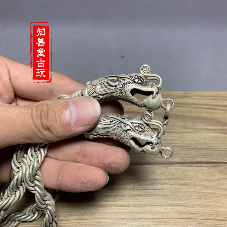 仿古做舊銅鍍銀 銀項鏈 復古霸氣雙龍頭男士項鏈銀粗鏈頸鏈民族-細節圖2