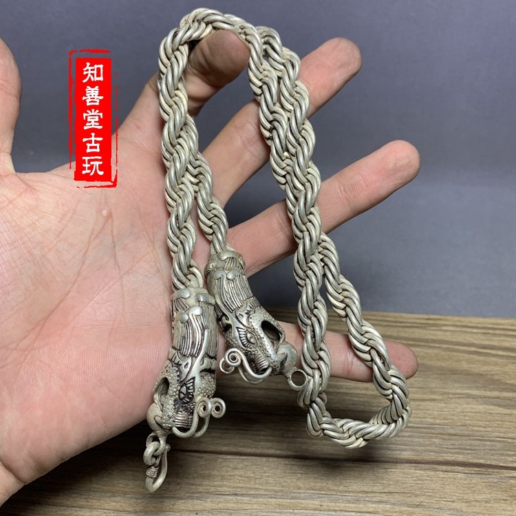 仿古做舊銅鍍銀 銀項鏈 復古霸氣雙龍頭男士項鏈銀粗鏈頸鏈民族-細節圖3