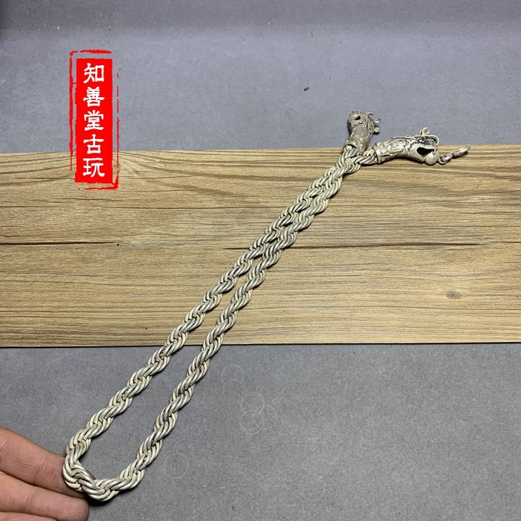 仿古做舊銅鍍銀 銀項鏈 復古霸氣雙龍頭男士項鏈銀粗鏈頸鏈民族-細節圖8