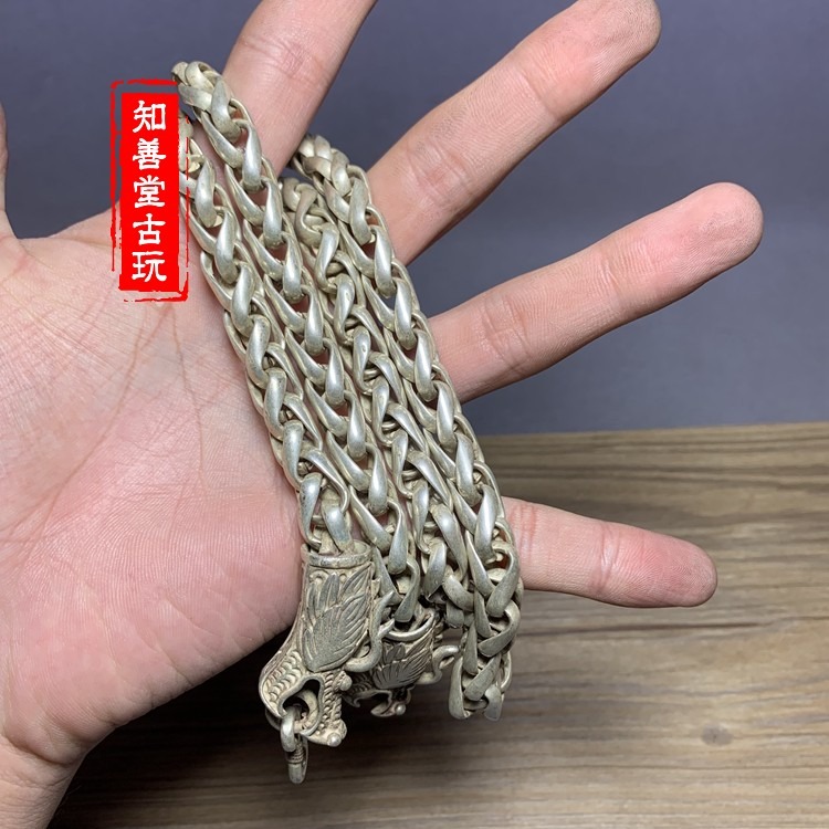 做舊古玩雜項白銅仿老銀精緻項鏈龍頭手鏈男士復古懷舊做舊工藝品-細節圖2