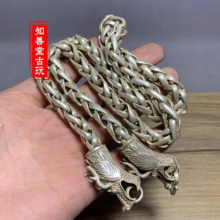 做舊古玩雜項白銅仿老銀精緻項鏈龍頭手鏈男士復古懷舊做舊工藝品-細節圖7