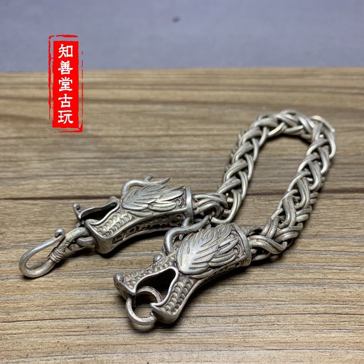 仿古白銅鎏銀手串龍頭手鏈鎖邊龍形手串鏈子手圈復古手把件-細節圖4