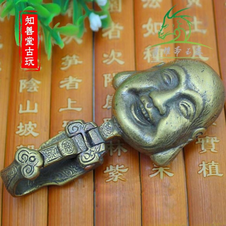 仿古古玩黃銅純銅佛頭皮帶扣鑰匙扣掛飾 彌勒笑佛招財腰掛-細節圖3