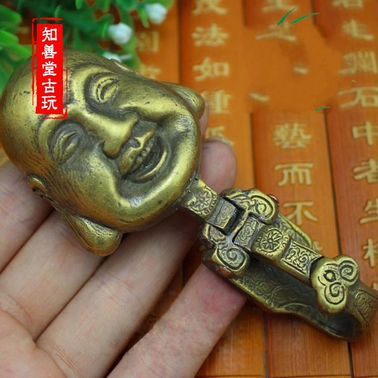 仿古古玩黃銅純銅佛頭皮帶扣鑰匙扣掛飾 彌勒笑佛招財腰掛-細節圖5
