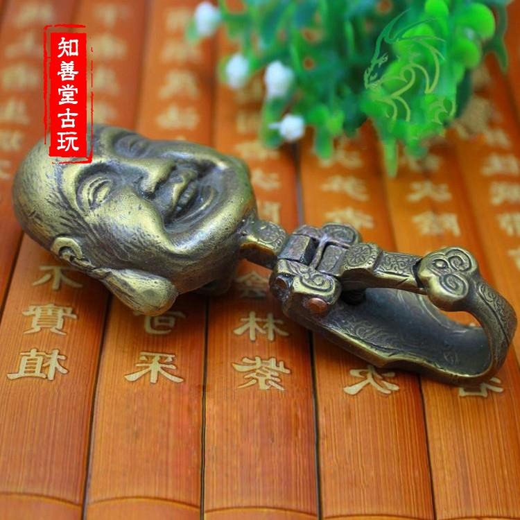 仿古古玩黃銅純銅佛頭皮帶扣鑰匙扣掛飾 彌勒笑佛招財腰掛-細節圖8