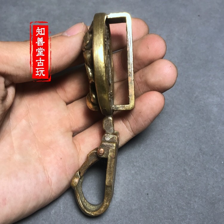 知善堂 仿古古玩黃銅純銅獸頭皮帶扣鑰匙扣掛飾 男款招財龍頭腰掛-細節圖7