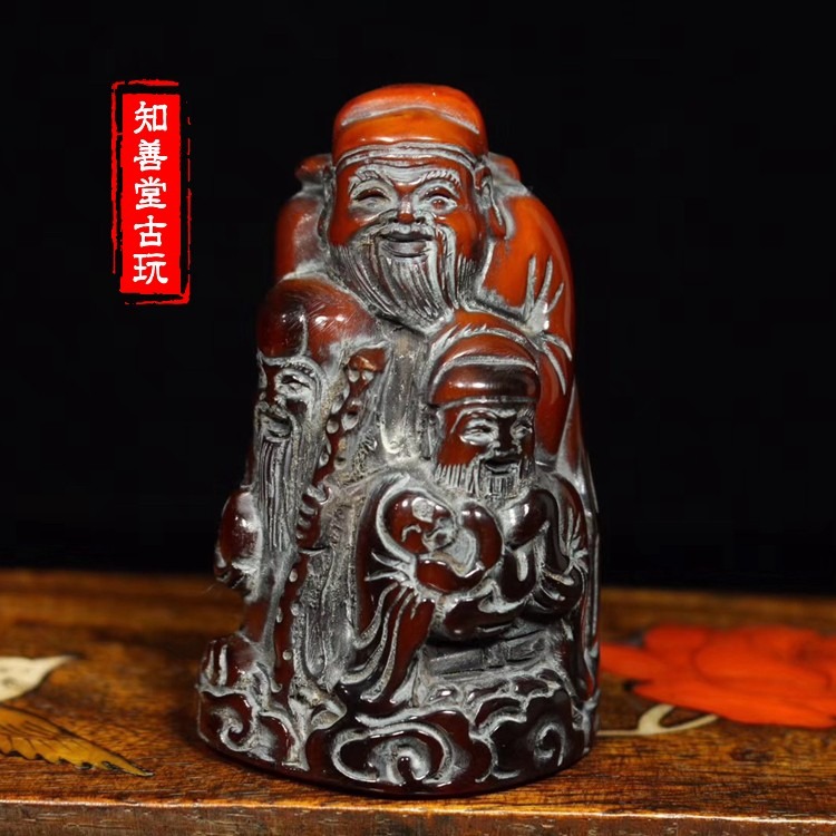 古玩收藏?牛角手把件仿古包漿老牛角工藝禮品精雕福祿壽三星擺件-細節圖6