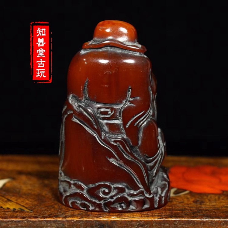 古玩收藏?牛角手把件仿古包漿老牛角工藝禮品精雕福祿壽三星擺件-細節圖7