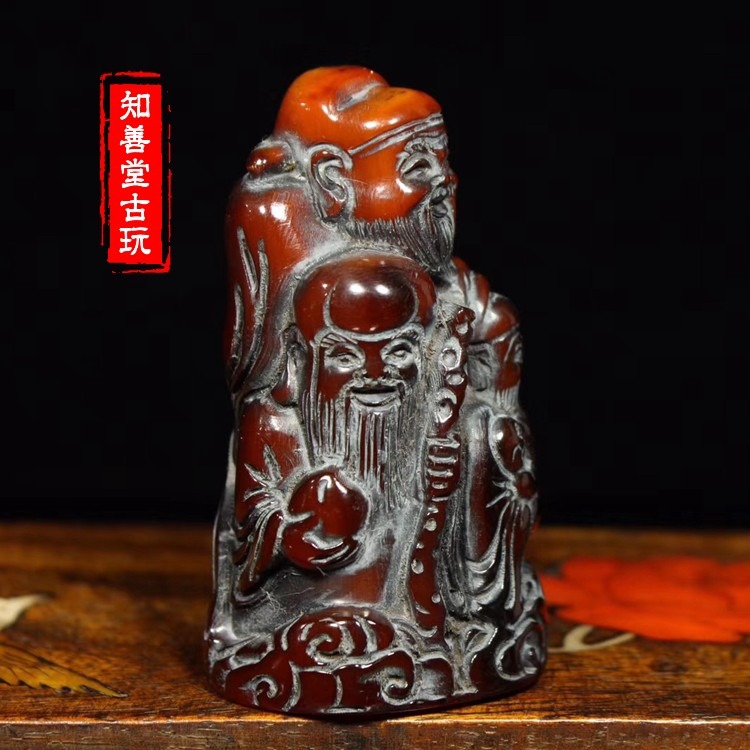 古玩收藏?牛角手把件仿古包漿老牛角工藝禮品精雕福祿壽三星擺件-細節圖8