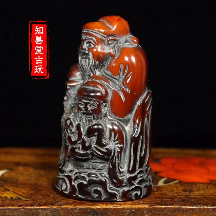 古玩收藏?牛角手把件仿古包漿老牛角工藝禮品精雕福祿壽三星擺件-細節圖10