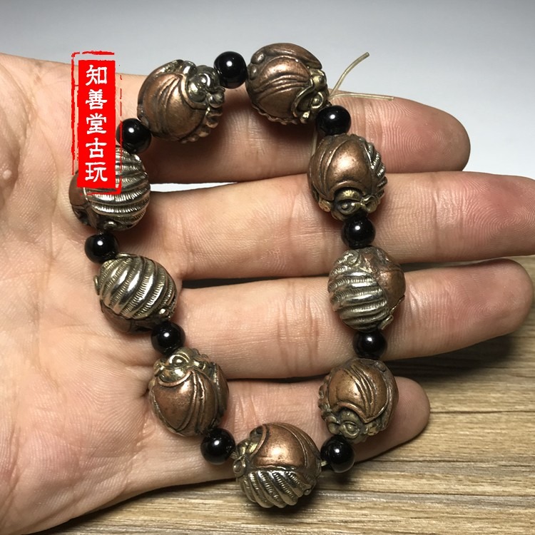 實心純銅鎏金銀雕刻福獸蝙蝠手鏈手串藏飾純銅手鏈銅古玩-細節圖5