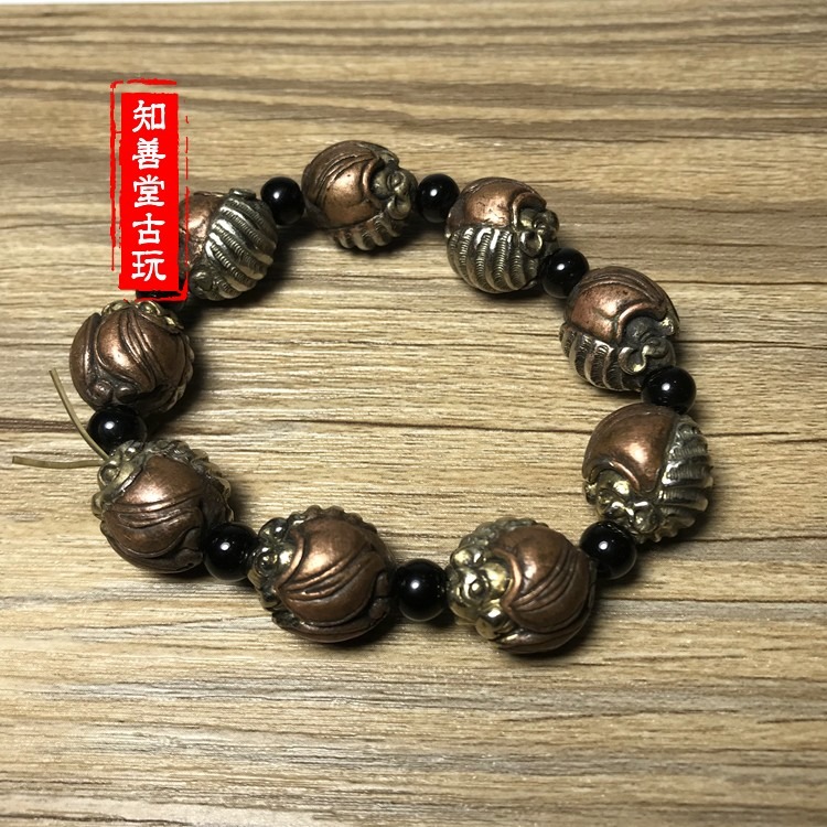 實心純銅鎏金銀雕刻福獸蝙蝠手鏈手串藏飾純銅手鏈銅古玩-細節圖6