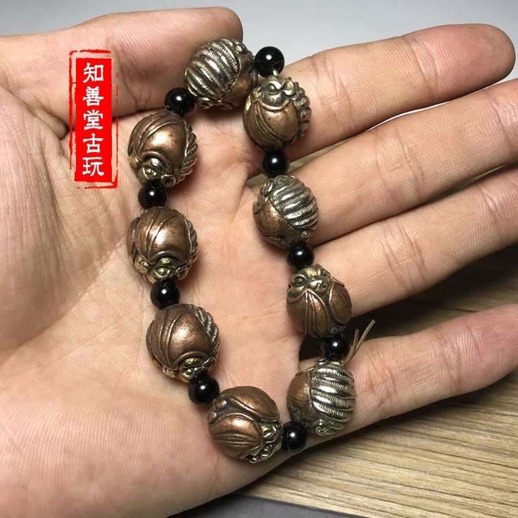 實心純銅鎏金銀雕刻福獸蝙蝠手鏈手串藏飾純銅手鏈銅古玩-細節圖7