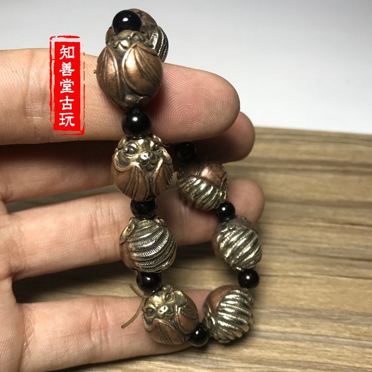 實心純銅鎏金銀雕刻福獸蝙蝠手鏈手串藏飾純銅手鏈銅古玩-細節圖8