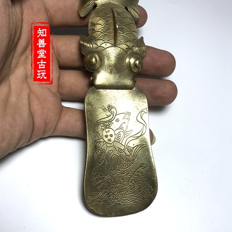 仿古復古做舊 純銅黃銅金魚鞋拔子 提鞋器 篆刻圖案 民國款式-細節圖3