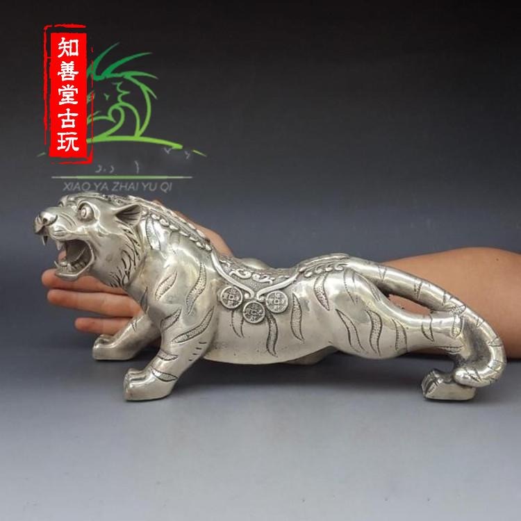 特價仿古白銅黃銅鍍銀大號老虎擺件 金錢虎裝飾工藝禮品古玩收藏-細節圖2