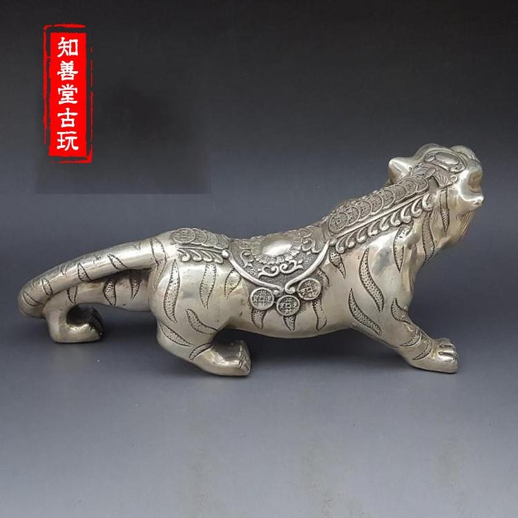 特價仿古白銅黃銅鍍銀大號老虎擺件 金錢虎裝飾工藝禮品古玩收藏-細節圖3