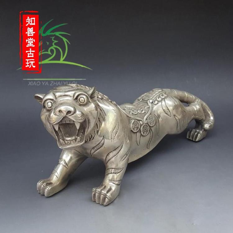特價仿古白銅黃銅鍍銀大號老虎擺件 金錢虎裝飾工藝禮品古玩收藏-細節圖5
