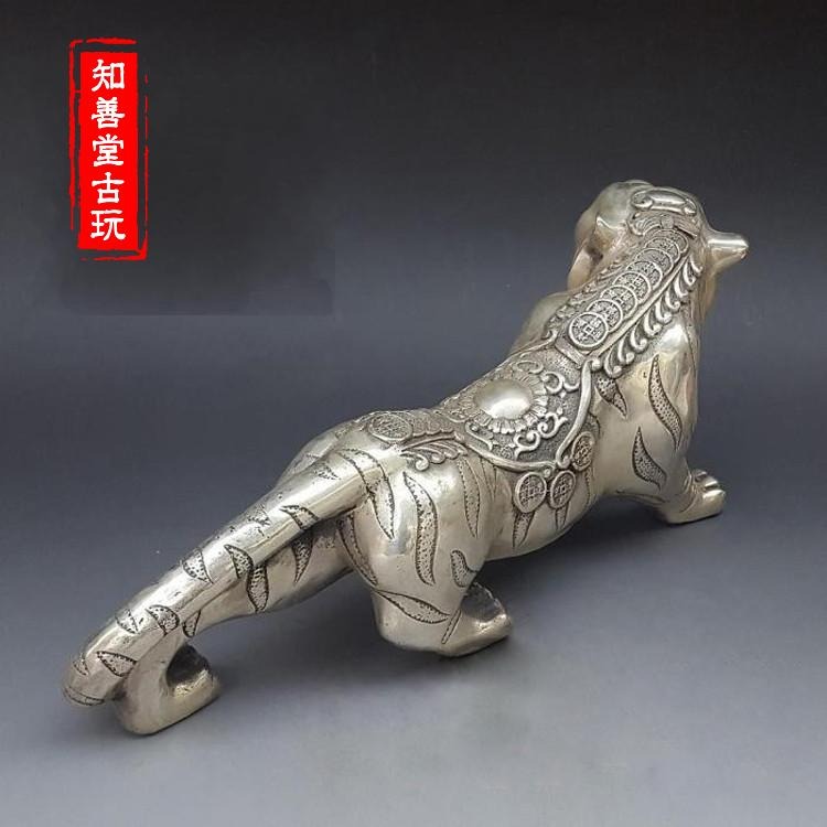 特價仿古白銅黃銅鍍銀大號老虎擺件 金錢虎裝飾工藝禮品古玩收藏-細節圖7