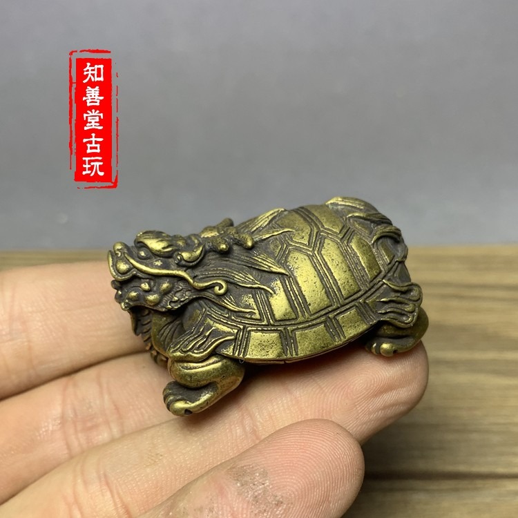黃銅龍頭龜小擺件銅龜手把件仿古微雕銅藝古玩銅器銅雕鑄銅龜玩件-細節圖3